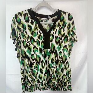 Chicos green and brown leopard print top. This is a jersey knit so no wrinkles!